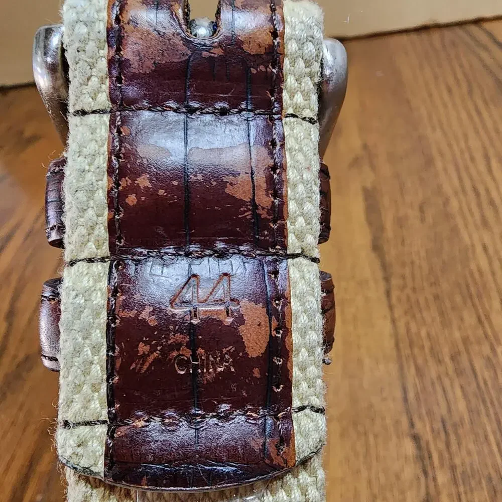 Belt Mens 44 Brown Cotton Leather Webbed Fish Buckle Marine Outdoor Adjustable